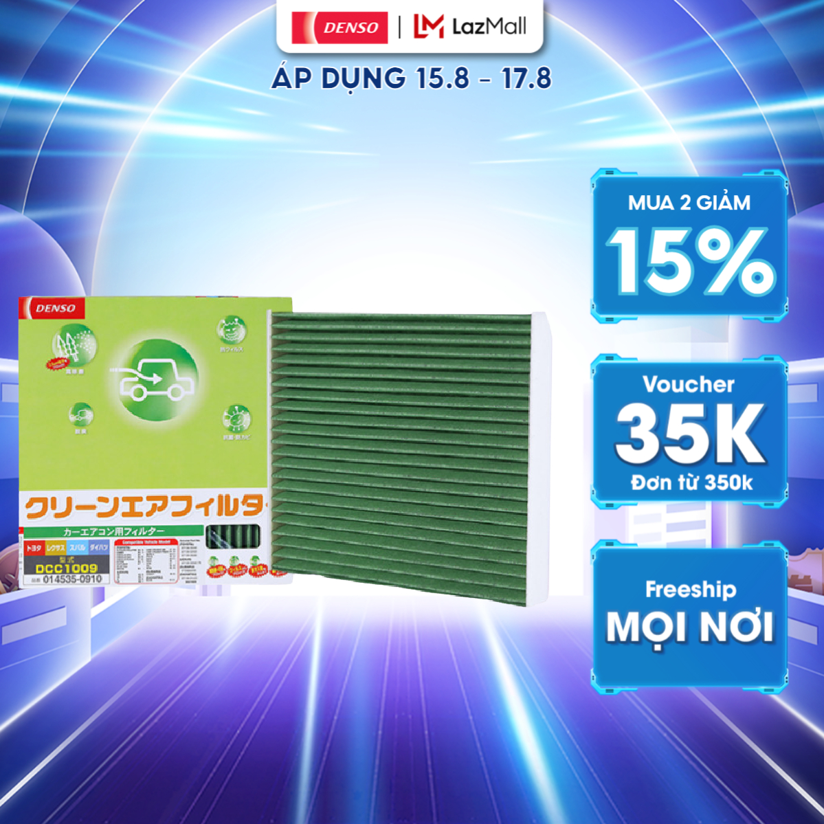 Lọc Gió Điều Hòa DCC1009 DENSO Xanh, Siêu Cao Cấp; Dùng cho Lexus IS, ES, GS, LS, RX, GX, LX; Toyota Camry, Prado, Land Cruiser, Innova, Fortuner, Altis, Vios, Raize, Veloz Cross; Lọc Hơn 90% Bụi Mịn PM2.5, Khử Mùi, Diệt Khuẩn; Mã 014535 - 0910
