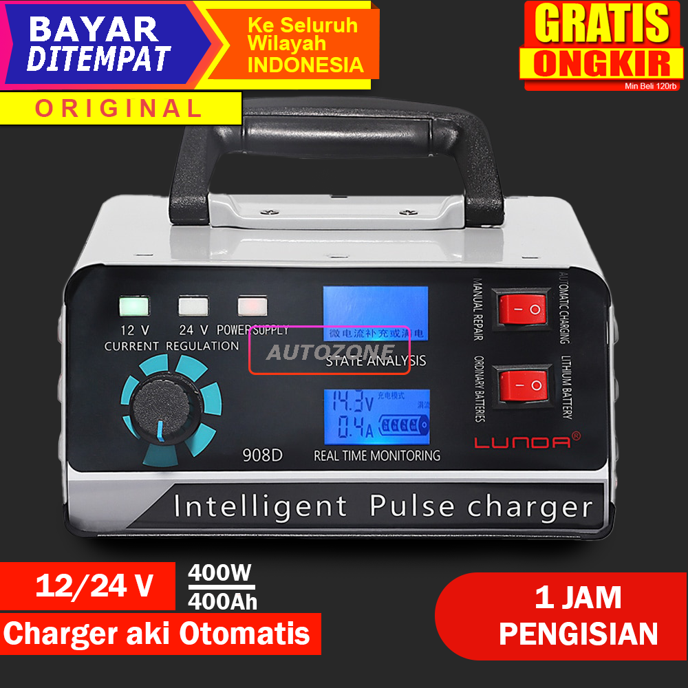 Charger Aki Mobil Motor 400W 12V 24V 400Ah LCD Carger Aki Otomatis Accu Kering Dan Basah Lead