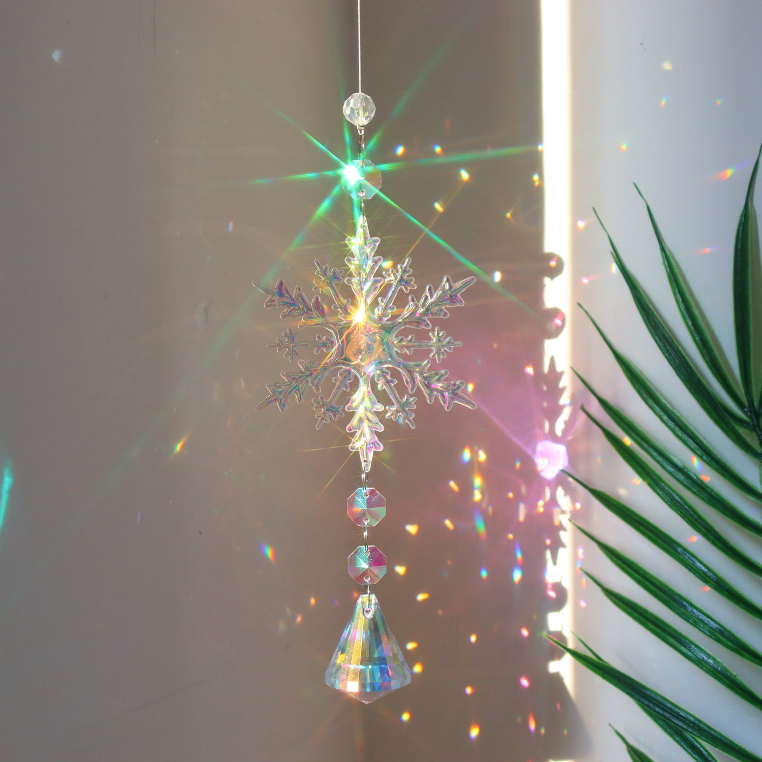 1 PC Christmas Pendant Wind Chimes AB Colorful Snowflake Prism Crystal Sun Catcher Xmas Decoration Hanging
