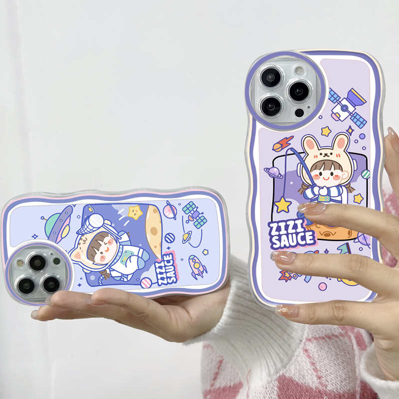 TA for Vivo Y17S Back Cover Cute Space Girl Fashion Wavy Phone Case With Free Holder Camera Protection Transparent TPU Soft Cover.