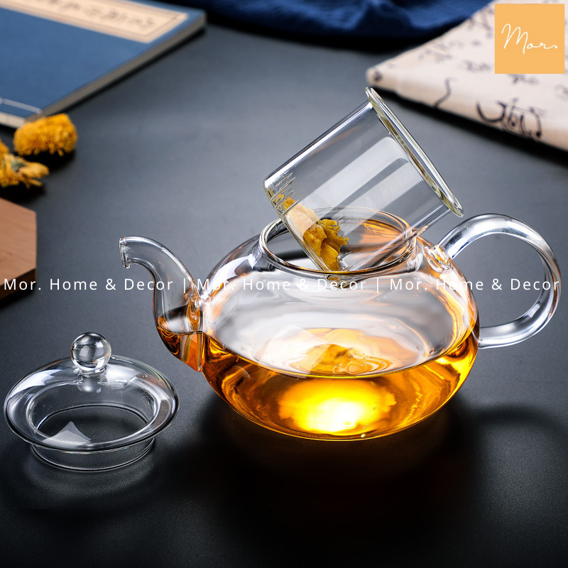 Bộ ấm trà thủy tinh chịu nhiệt - 600ml (Tròn - Quai) - MixASale