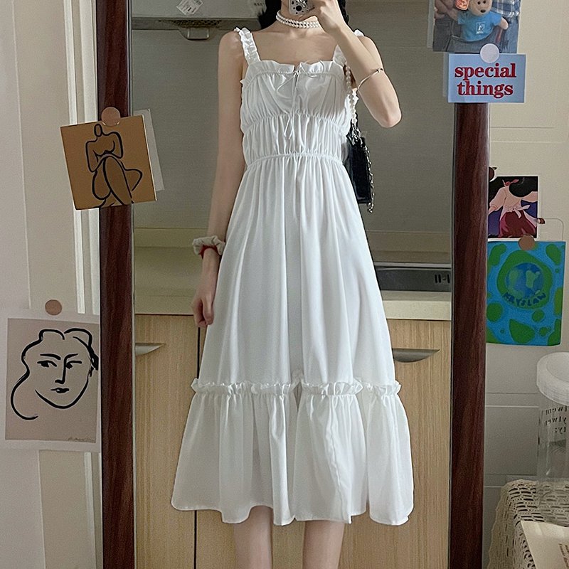 Váy tơ trắng tay bồng phối ren móc | Đầm Dự Tiệc