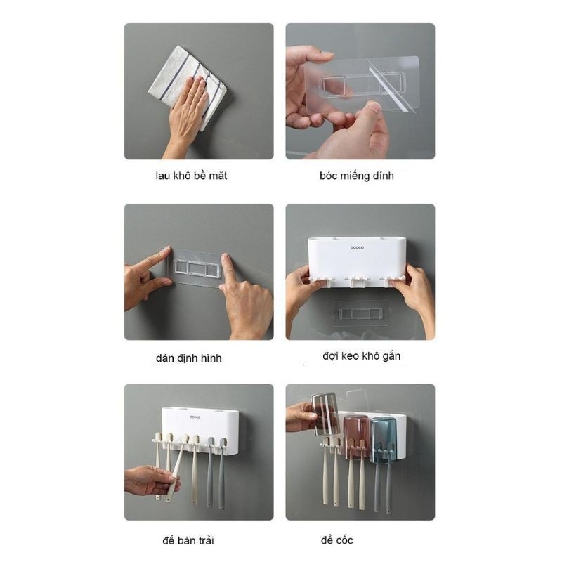 Kệ cắm bàn chải đánh răng dán tường kèm 4 cốc ECOCO