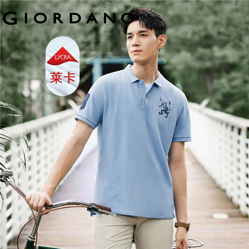 Giordano Men Polo Shirts Lion Embroidery Contrast Polo Collar Tops Short Sleeves Stretchy Breathable Pique Polo Shirts 01011422