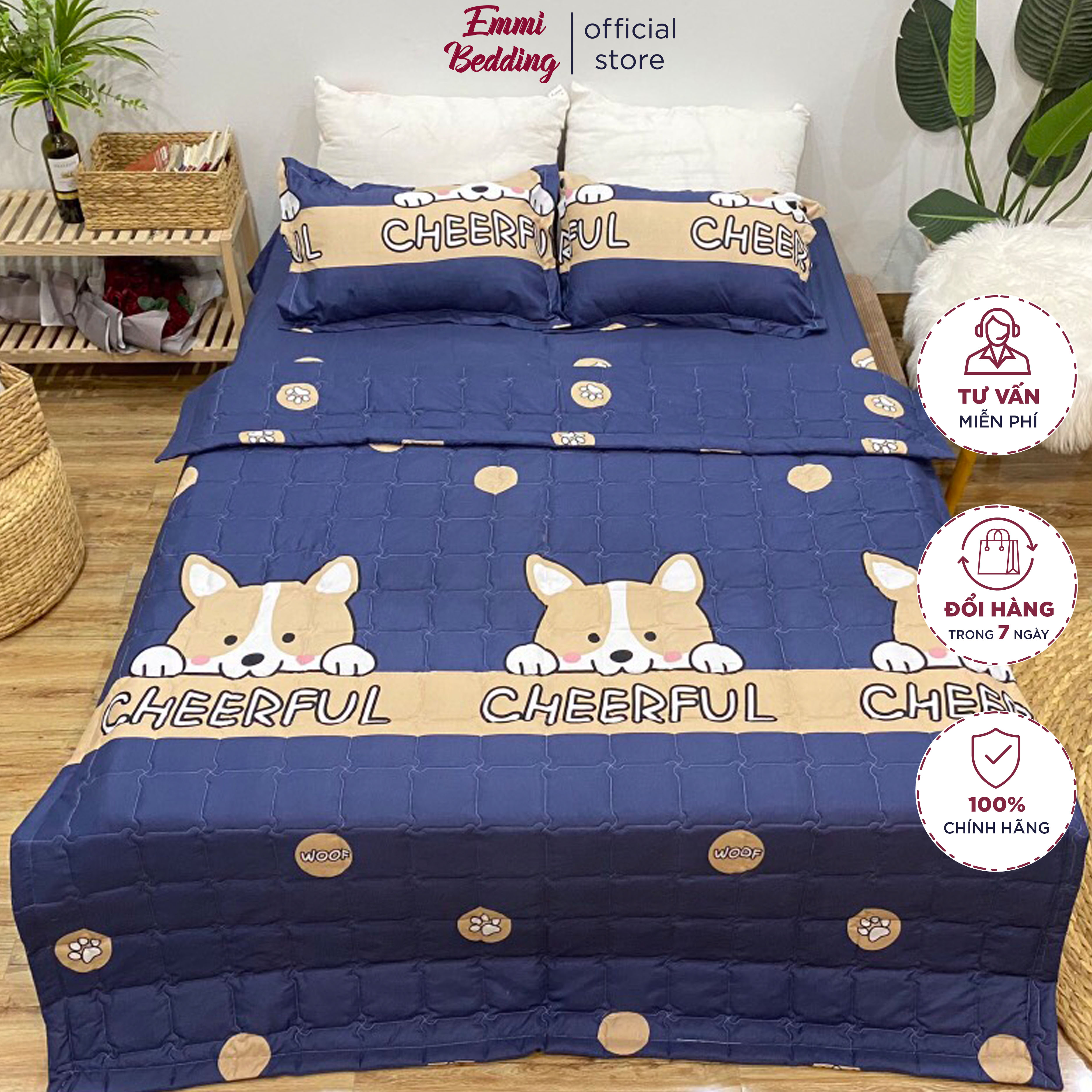Bộ ga gối cotton chăn hè trần bông set 5 món EMMI BEDDING mẫu Chó cheerfull mới bắt mắt, ấm áp