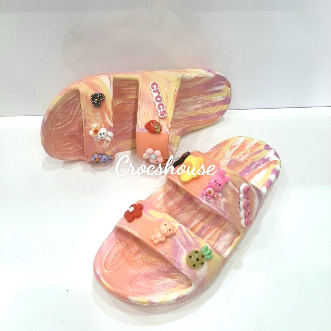 Dép crocs hai quai ngang nam nữ, dép crocs loang màu tặng jibbitz stickers 2d - nhà cá sấu.