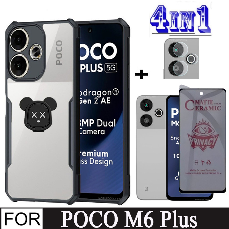 【Eco-friendly】 Poco M6 Plus Shockproof Phone Case for Poco C61 C65 M6 4G 5G 4 in 1 Camera Lens Soft Tempered Privacy Screen Protector and holder.