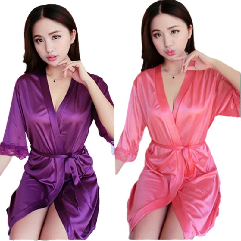 (Tặng kèm chíp) Áo choàng ngủ lụa satin phong cách kimono sexy