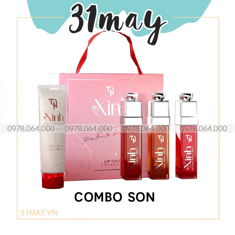 Son xinh mỹ phẩm đông anh chính hãng set son 3 màu đỏ tươi + cam đất + đỏ cam