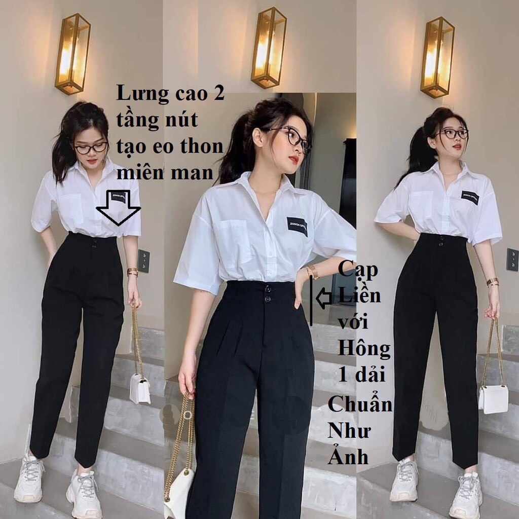 Quần tây nữ lưng cao đi học cạp liền 2 cúc cài Omizon dáng quần vải baggy nữ học sinh cấp 3 dày co giãn nhẹ đi học làm công sở