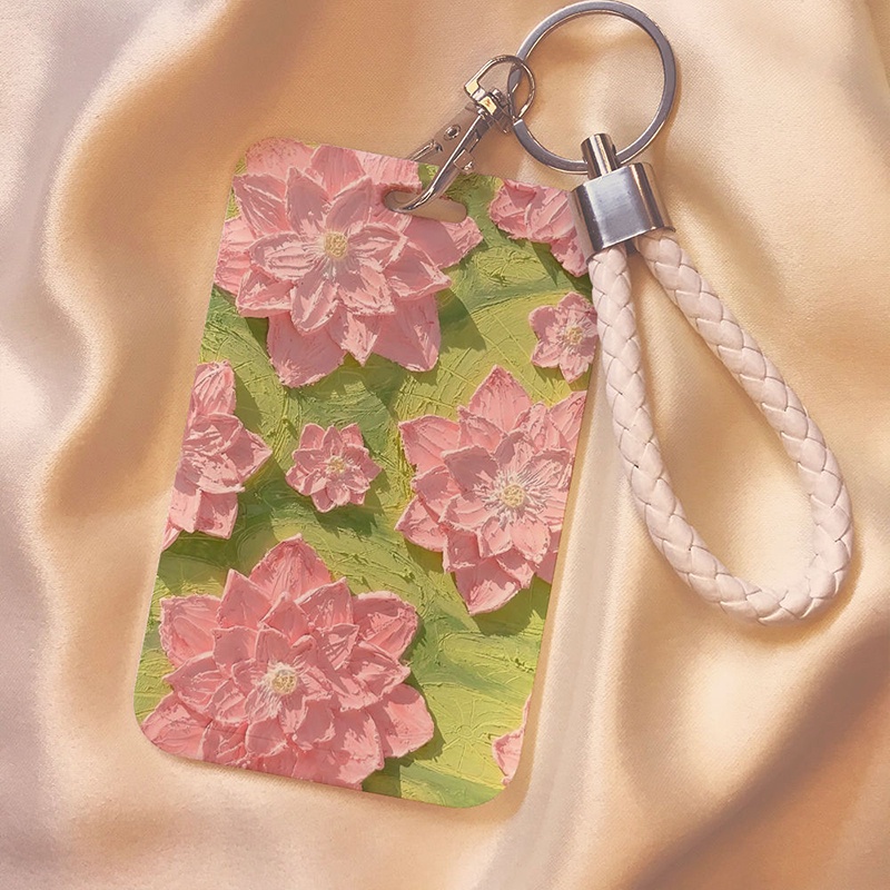 Portable Oil Painting Flower Series Card Holder with Keychain School Office Card Protector Case Lanyard Name Tags