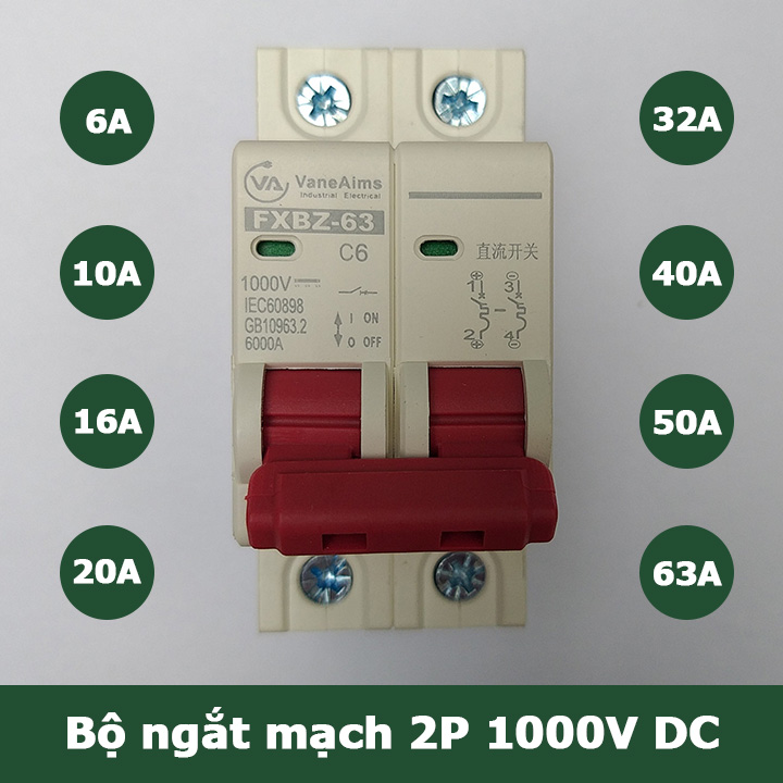 Bộ ngắt mạch cb điện một chiều cầu dao cho solar năng lượng mặt trời fxbz-63/2p dc 1000v 6a 10a 16a 20a 32a 40a 50a 63a