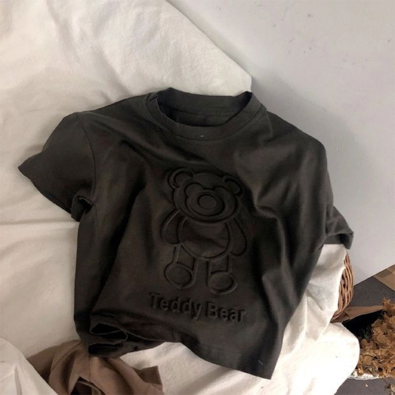 YADOU Boys embossed bear t-shirt Children's three-dimensional embossed soft cotton Middle and large children's short-sleeved T-shirt Baby casual tops for boys and girls