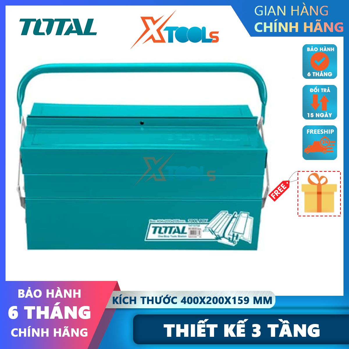 Hộp đựng đồ nghề total tht10702 kích thước 400x200x159mm, độ dày thép 0.6-0.8mm, gồm 3 tầngxtools
