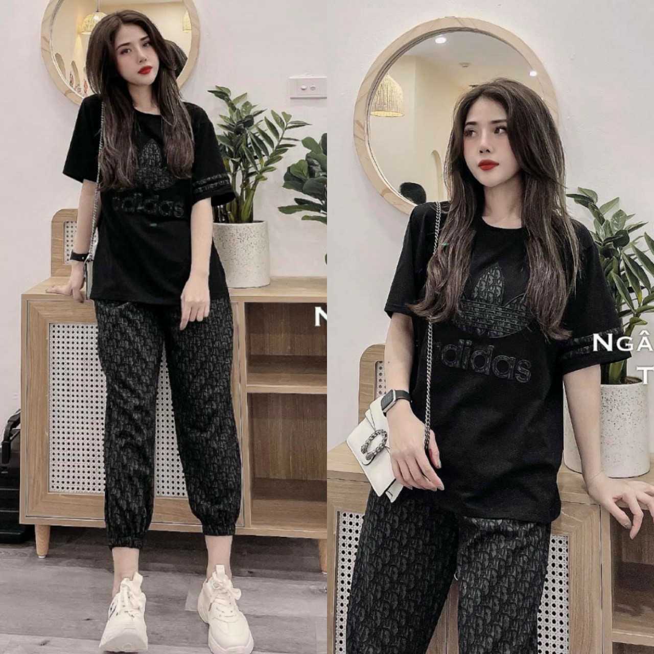 Đồ bộ thun form rộng họa tiết 3 lá quần bo chân màu đen