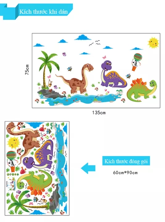 DECAL DÁN TƯỜNG KHỦNG LONG VÀ AO CÁ SẤU