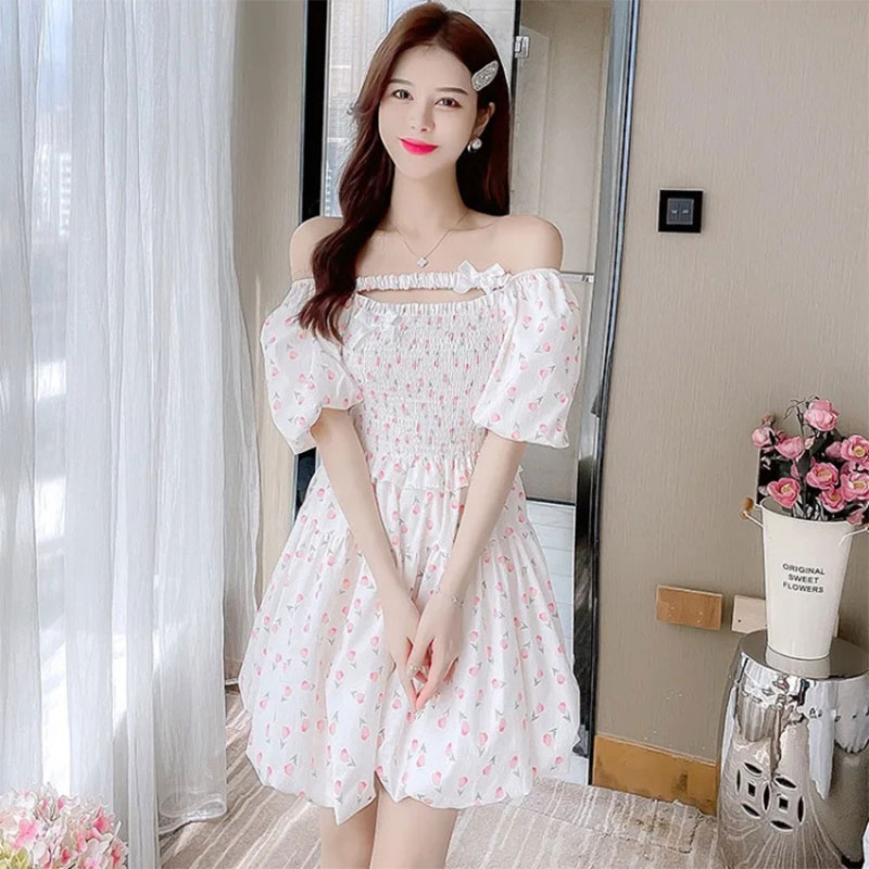 DUOHANZI French puff sleeve floral dress tea break waist skirt