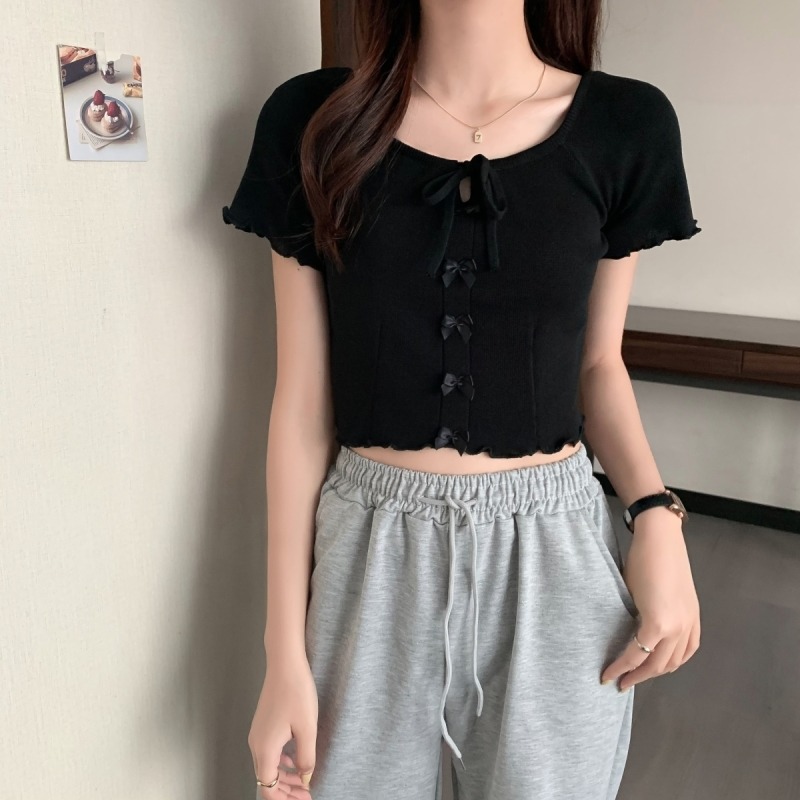 Chu man jia Korean style women's T-shirt bow tie slim square neck cotten short-sleeved top