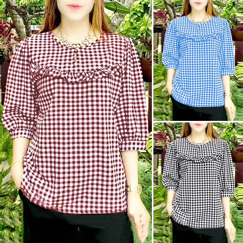 ZANZEA%20Women's%20Blouse%20Summer%20Casual%20Plaid%20Casual%20Ruffle%20Hem%203/4%20Sleeve%20Round%20Neck%20Loose%20Shirt%20Top%20-%20Image%203