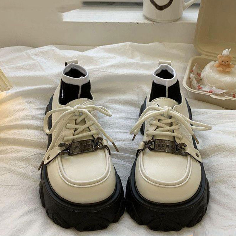 JZZL Huge and good-looking design niche increased thick-soled white lace-up small leather shoes for women new versatile shoes