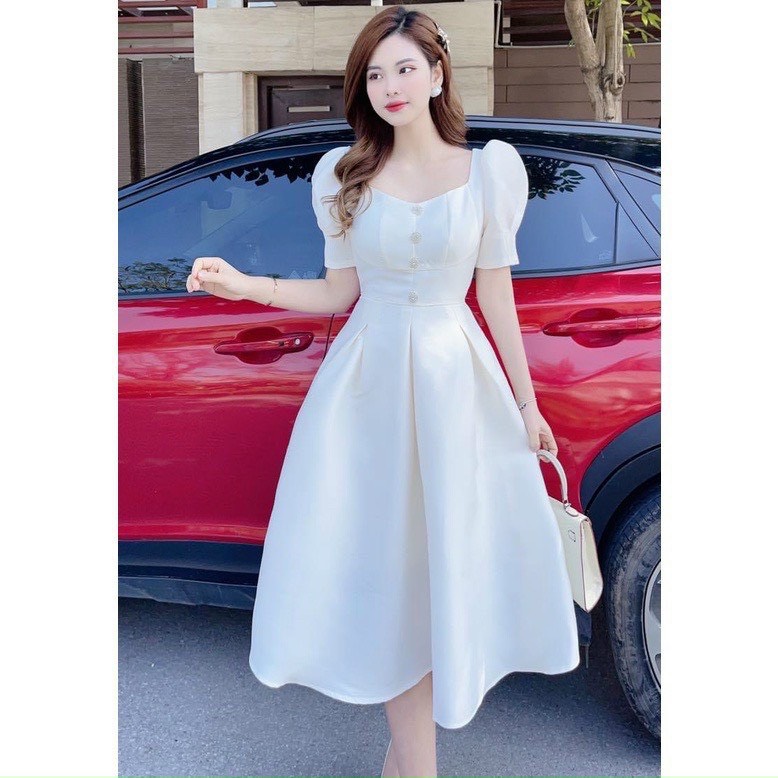 Đầm trắng dự tiệc đính nút - Đầm nữ dáng xoè thiết kế tay phồng bèo lai xếp ly - Siêu phẩm đầm tiểu thư nữ màu trắng dáng xoè ôm eo