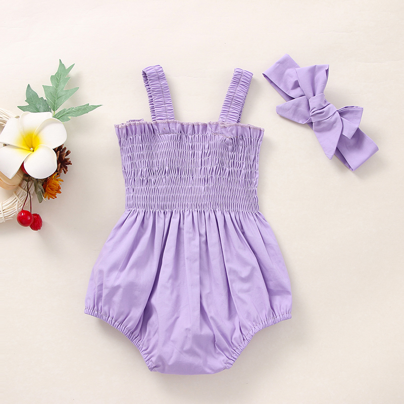 ANFUTON Baby Girls 2Pcs Summer Outfits, Sleeveless Frill Smocked Strap Romper with Headband Set