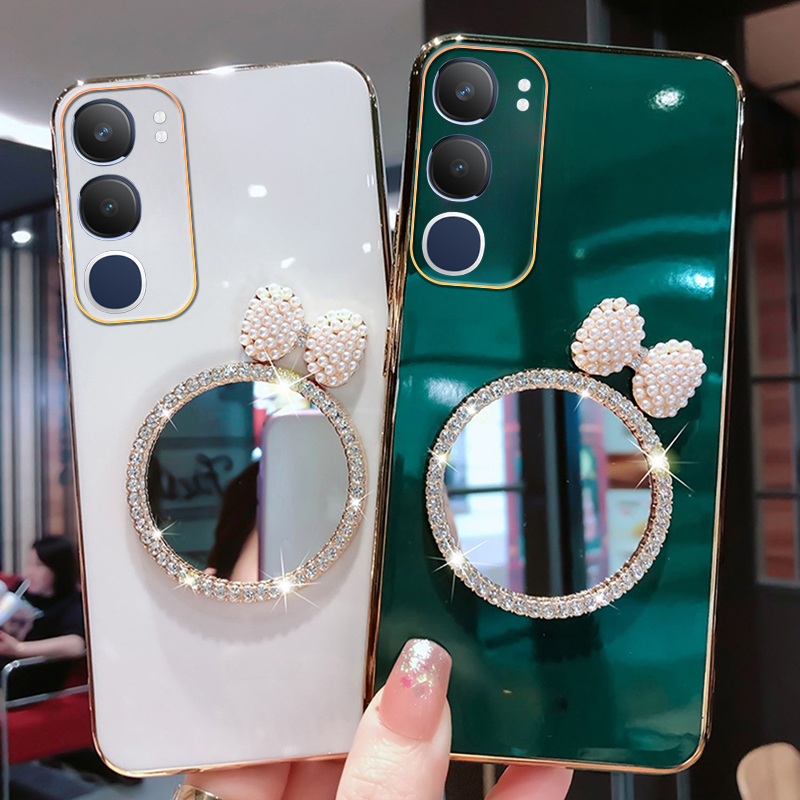 New Phone case Vivo Y29 Back cover with Bow Makeup Mirror Luxury Shiny Gradient Clear Soft 6D Plating Girls Slim for VIVO Y29 5G case.