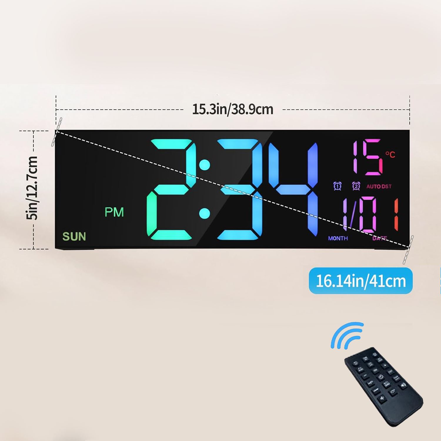 Digital Wall Clock, Large Screen 16.2 Inch Digital Wall Clock with RGB Color Changing Remote Control, Auto Brightness LED Clock Option - 1 Color.