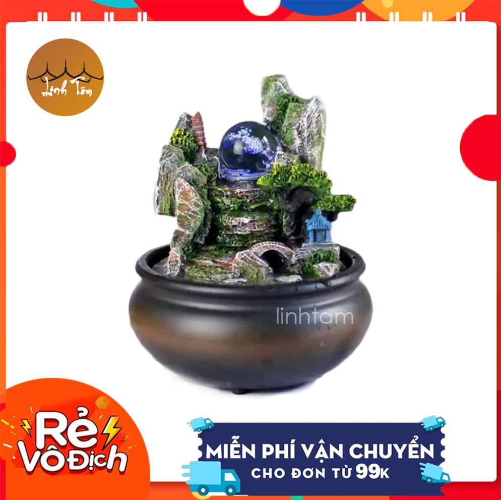 Thác nước Phong Thủy Hòn non bộ Tiểu cảnh mini, Tặng máy bơm 4 đèn và quả cầu thủy tinh