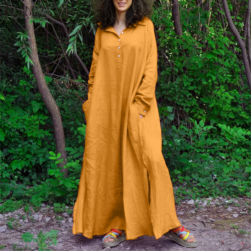 ZANZEA Women's Dresses Long Sleeve Turn-Down-Collar Shirtdress Plain Maxi Side Split Dress #15