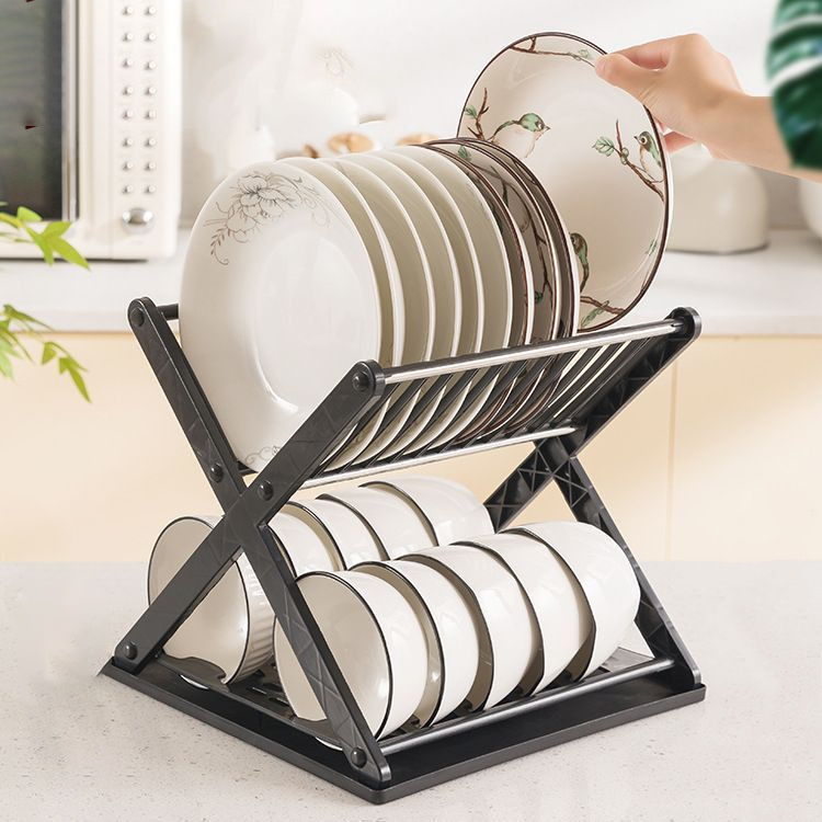 X-shaped plastic dish rack kitchen double shelf household dish drain rack multifunctional dish storage rack Save space