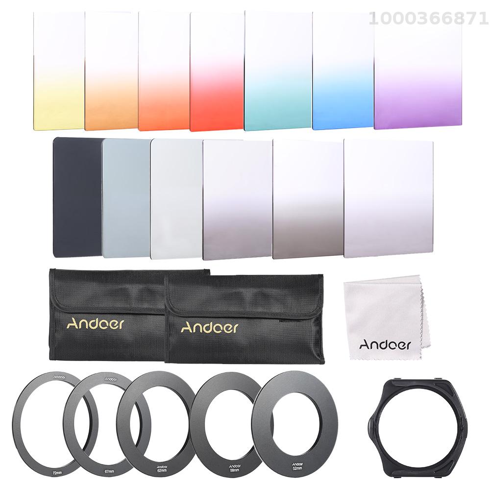 Andoer 13 cái Bộ Kit lọc đầy màu sắc dốc vuông cho dòng Cokin P có khung kẹp kính lọc + Ống kính Bộ chuyển đổi (52mm / 58mm / 62mm / 67mm / 72mm ) + Túi lưu trữ + Khăn lau