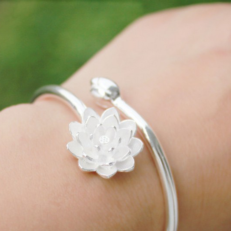 Korea Vòng Tay Charm Hoa Sen Bằng Bạc Vòng Tay Trang Sức Vòng Tay Hở Retro