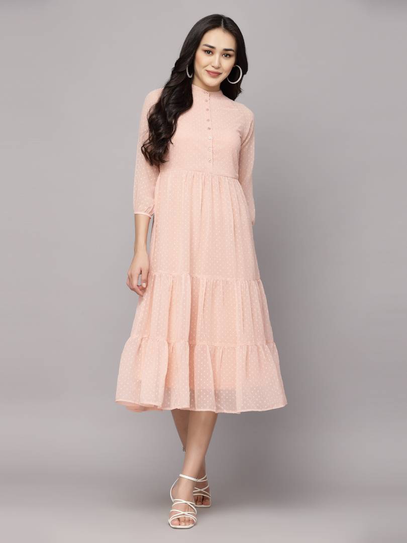 one piece for Women girls Fit Flare Peach Mandarin Collar western