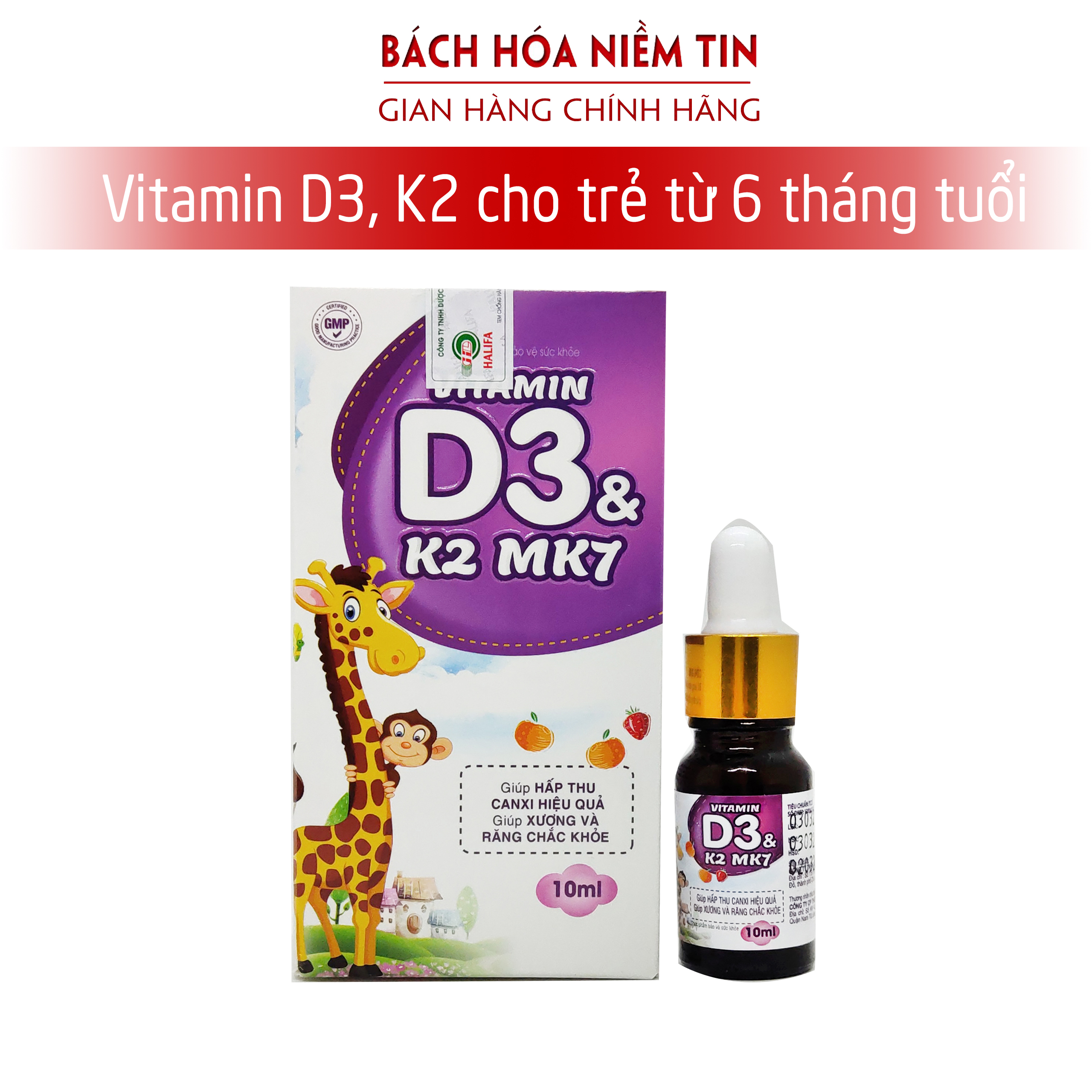 Vitamin D3 K2 Mk7 Lọ 10ml dạng nhỏ giọt tiện dụng giúp bé hấp thụ canxi tăng trưởng chiều cao, nhanh mọc răng- Hàng chuẩn GMP