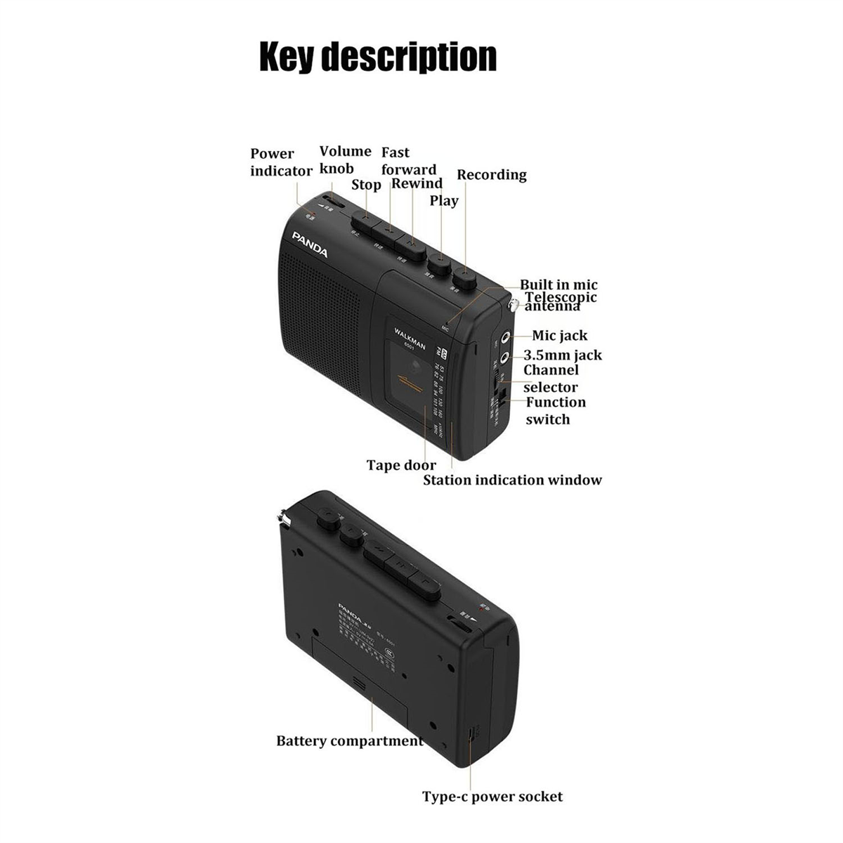 PANDA 6501 Portable Tape AM/FM Radio Retro Cassette Music Player Walkman Tape Recorders with Loudspeaker 3.5mm Headphone Play