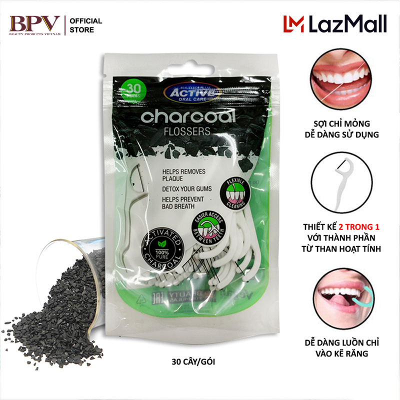 Tăm chỉ xỉa răng nha khoa Anh Quốc UK Beauty Formulas than hoạt tính + bạc hà, xỉa răng tiệt trùng chăm sóc răng miệng