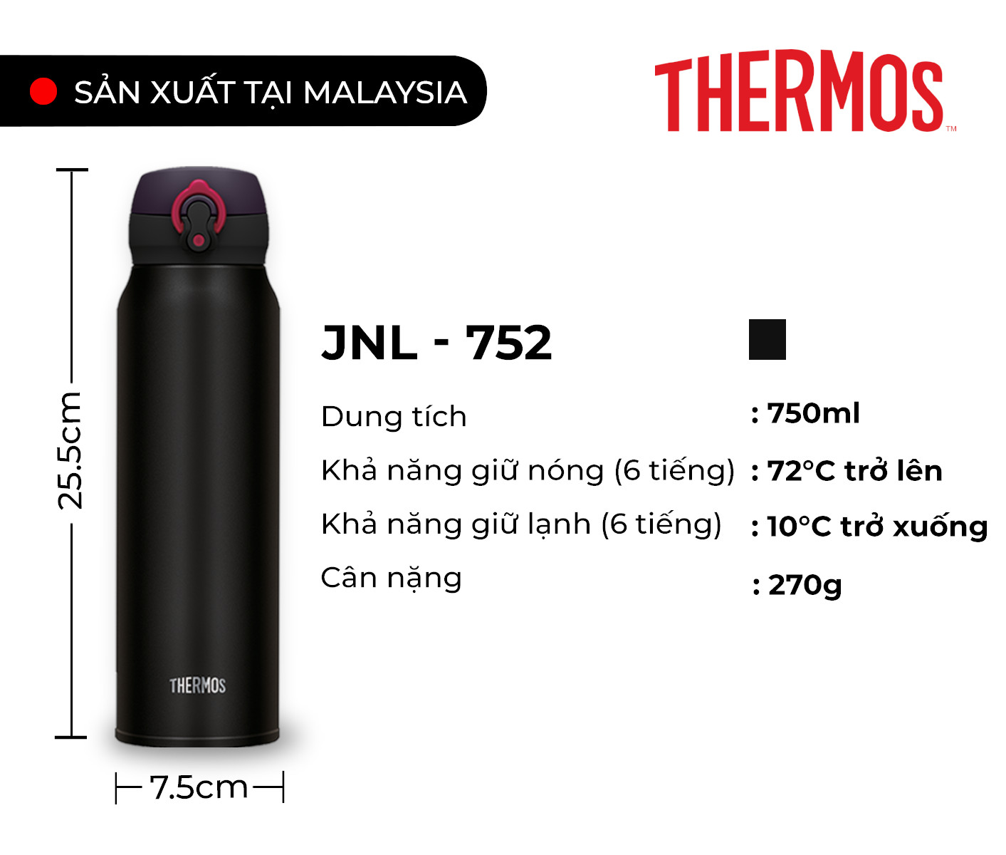Bình giữ nhiệt Thermos nút bấm JNL-752 750ml  (Hàng chính hãng, bảo hành 12 tháng)