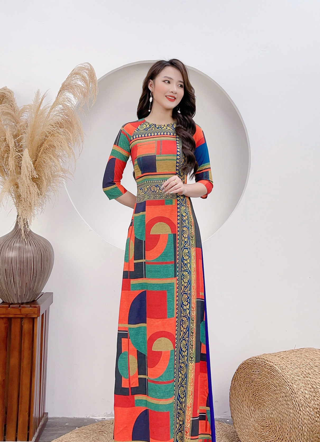 Bộ áo dài truyền thống may sẵn họa tiết thổ cẩm