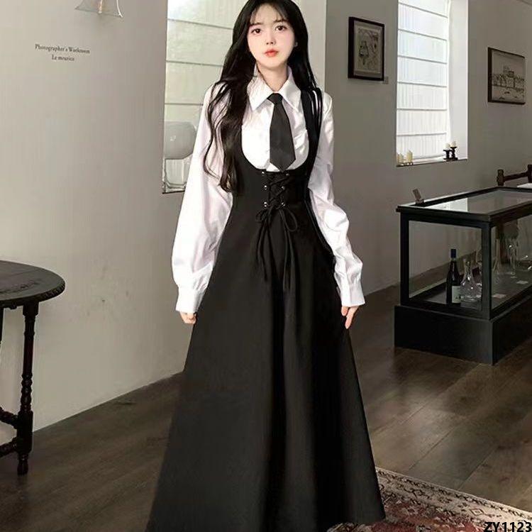 Bộ đồ học sinh nữ xuân thu dáng dài phong cách hàn quốc váy liền thắt dây áo sơ mi phong cách học sinh nhật bản chít eo một chiếc