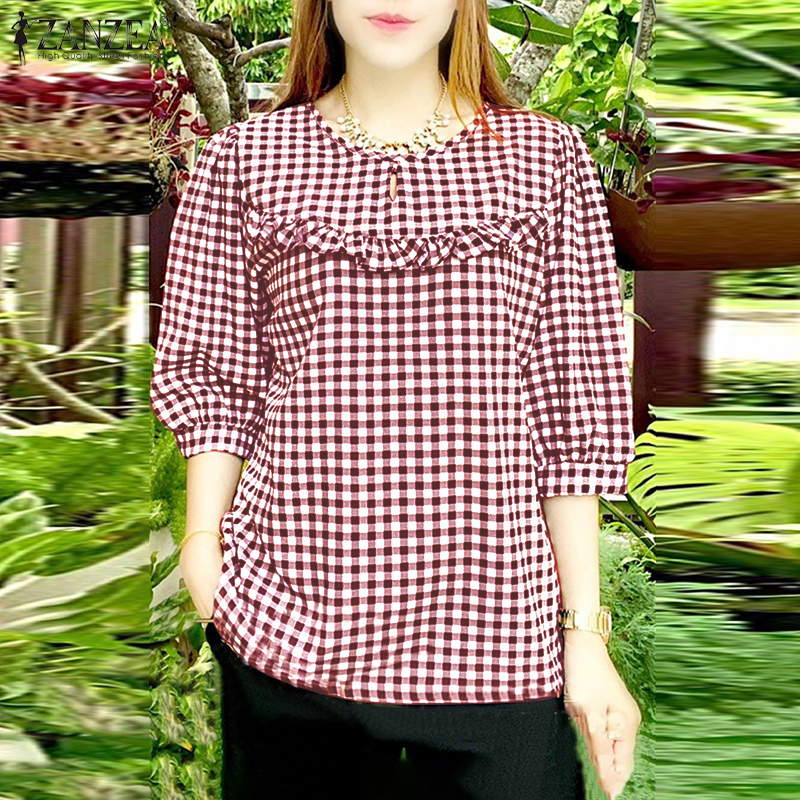 ZANZEA%20Women's%20Blouse%20Summer%20Casual%20Plaid%20Casual%20Ruffle%20Hem%203/4%20Sleeve%20Round%20Neck%20Loose%20Shirt%20Top%20-%20Image%209