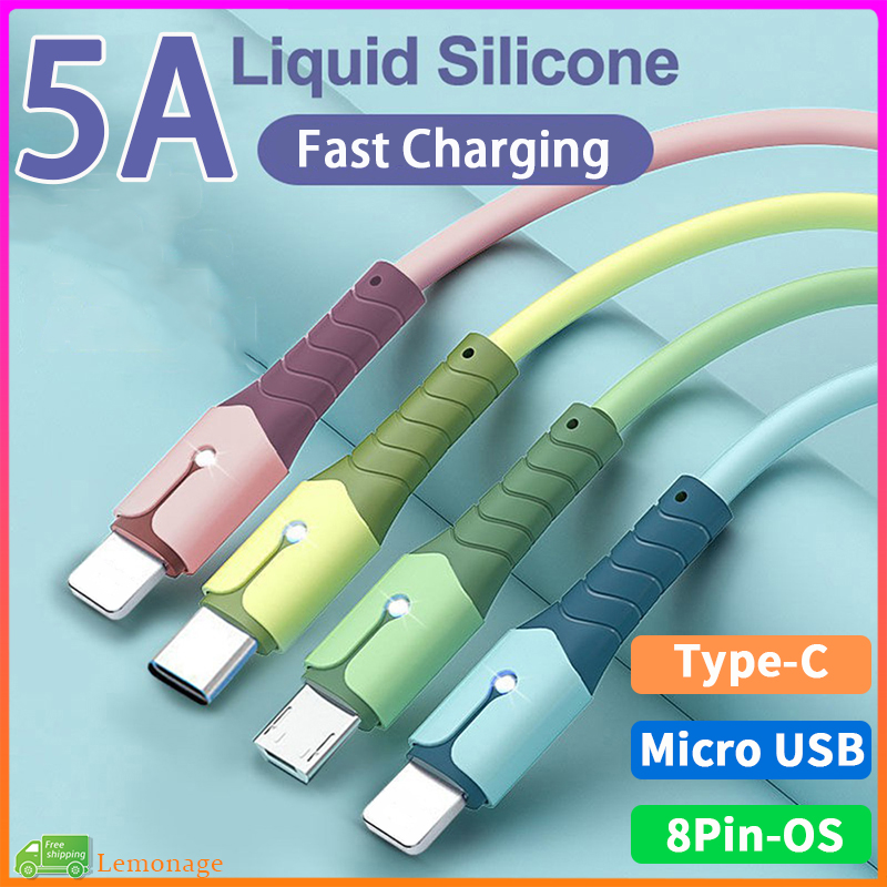 [Hàng có sẵn] Cáp sạc nhanh silicon 5A lỏng Tương thích cho iPhone Android Micro USB Cáp dữ liệu dây sạc Type-C có đèn Led