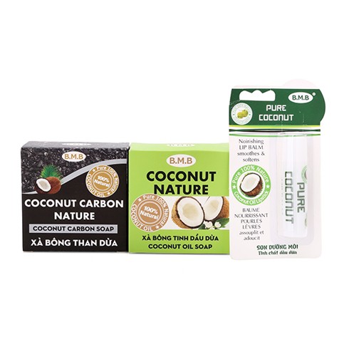 Combo 2 xà bông tinh dầu dừa, than dừa + son dưỡng môi b.m.b