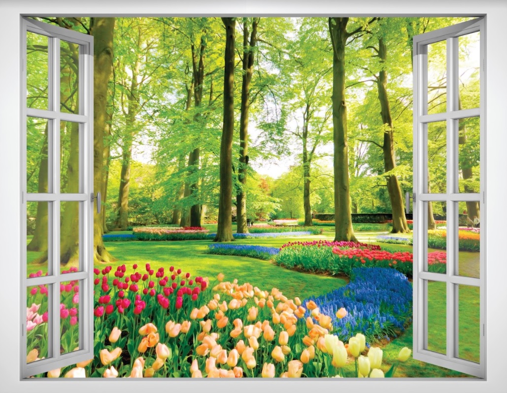 Tranh dán tường cửa sổ Cảnh đẹp vườn hoa VTC VT0033 phủ kim sa