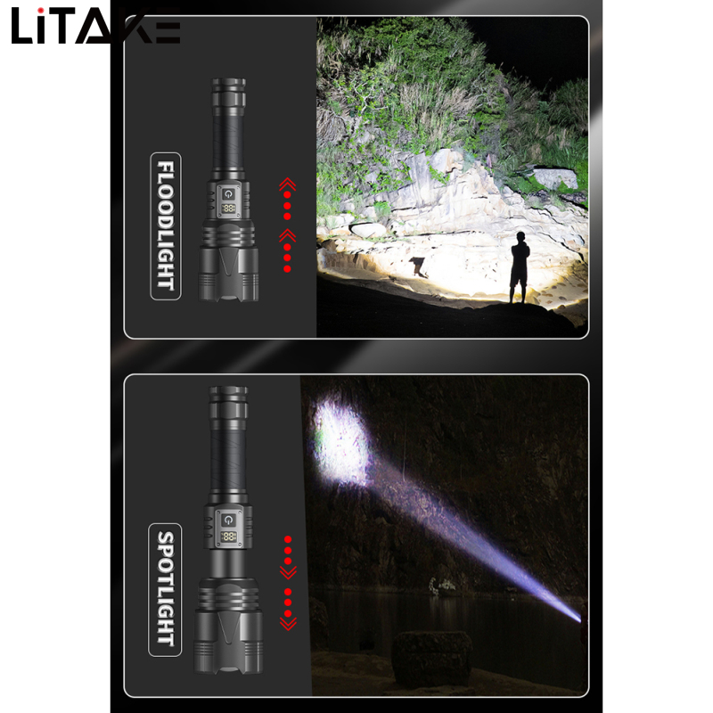 60W XHP360 Powerful Handheld Flashlights Digital Power Display IPX4 Waterproof Strong Light Long Range Outdoor Camping Flash Light Torch