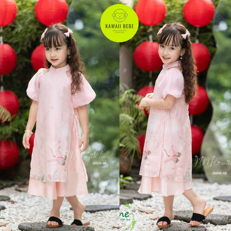 Áo dài chim hạc bé gái cách tân tết 2024 hàng thiết kế cao cấp June Kabekids