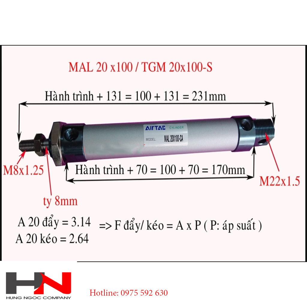 Xi lanh khí nén mal 20 x 25, 50, 100, 150, 200