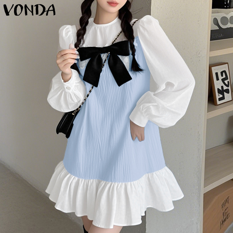 VONDA%20Women's%20Fashion%20Crew%20Neck%20Bowknot%20Contrast%20Dress%20Sweet%20Bubble%20Sleeve%20Ruffle%20Girlish%20Dresses%20(Korean%20Floral)%20-%20Image%202