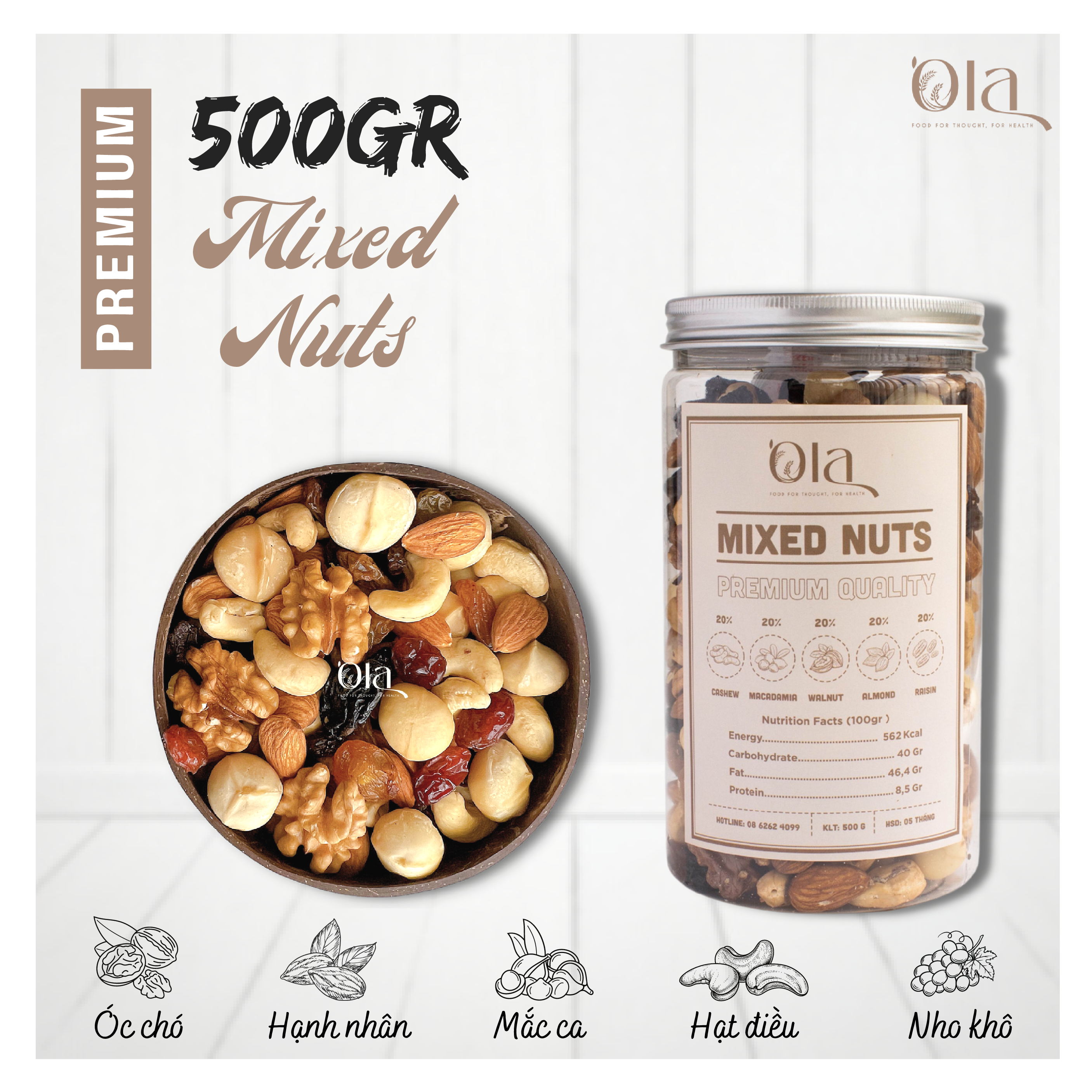 Mixed nuts - hỗn hợp 5 loại hạt dinh dưỡng cao cấp by ola granola 500gr