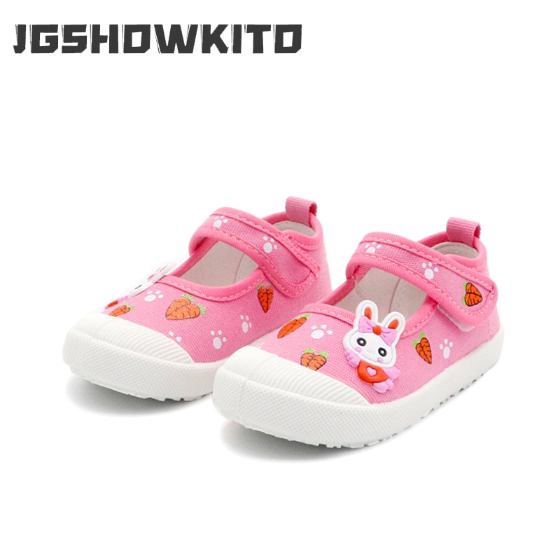 JGSHOWKITO Girls Canvas Shoes Soft Sports Shoes Kids Running Sneakers Candy With Cartoon Rabbit Carrots Prints Children